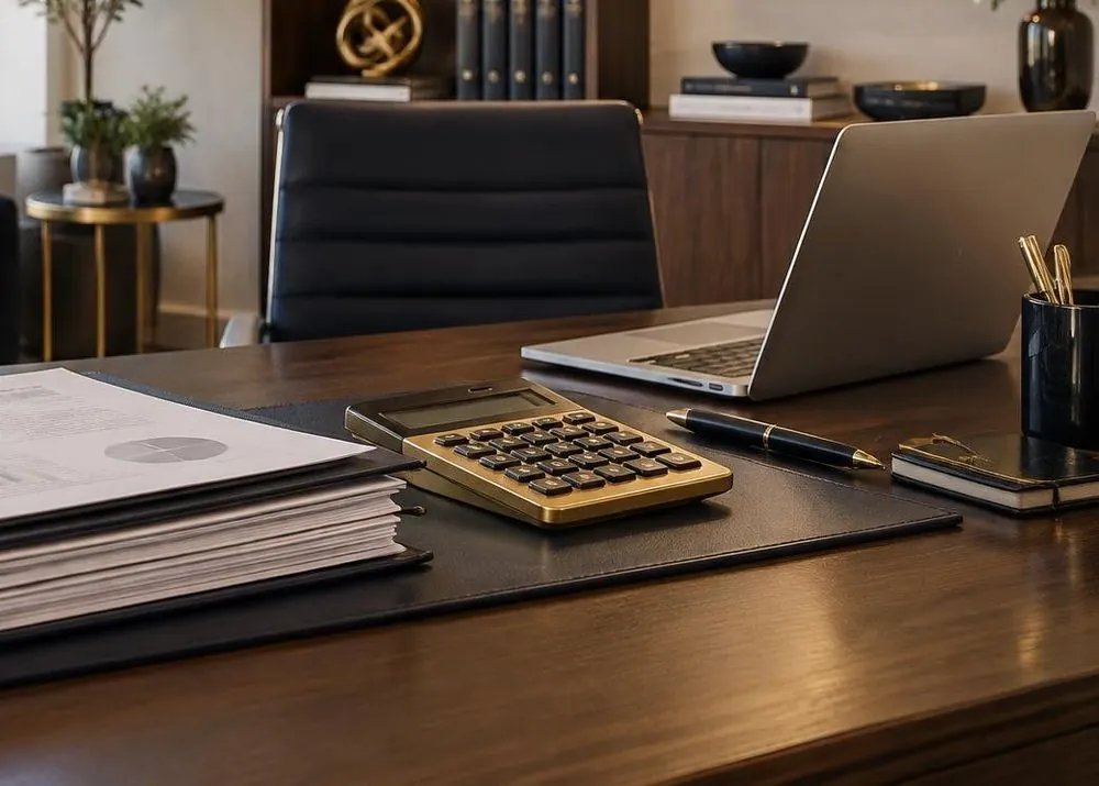A calm, well organised accounting office with a calculator, files and a laptop