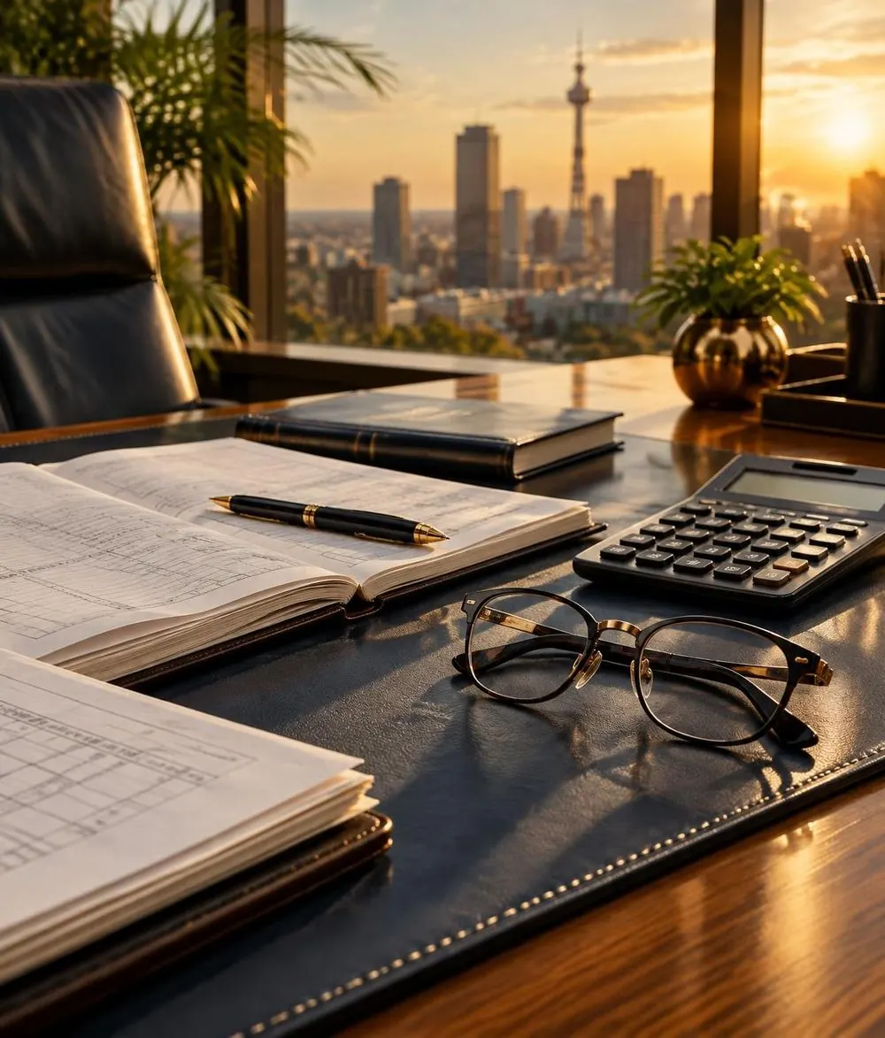 Accounting ledgers, calculator and glasses on a desk overlooking the Johannesburg skyline